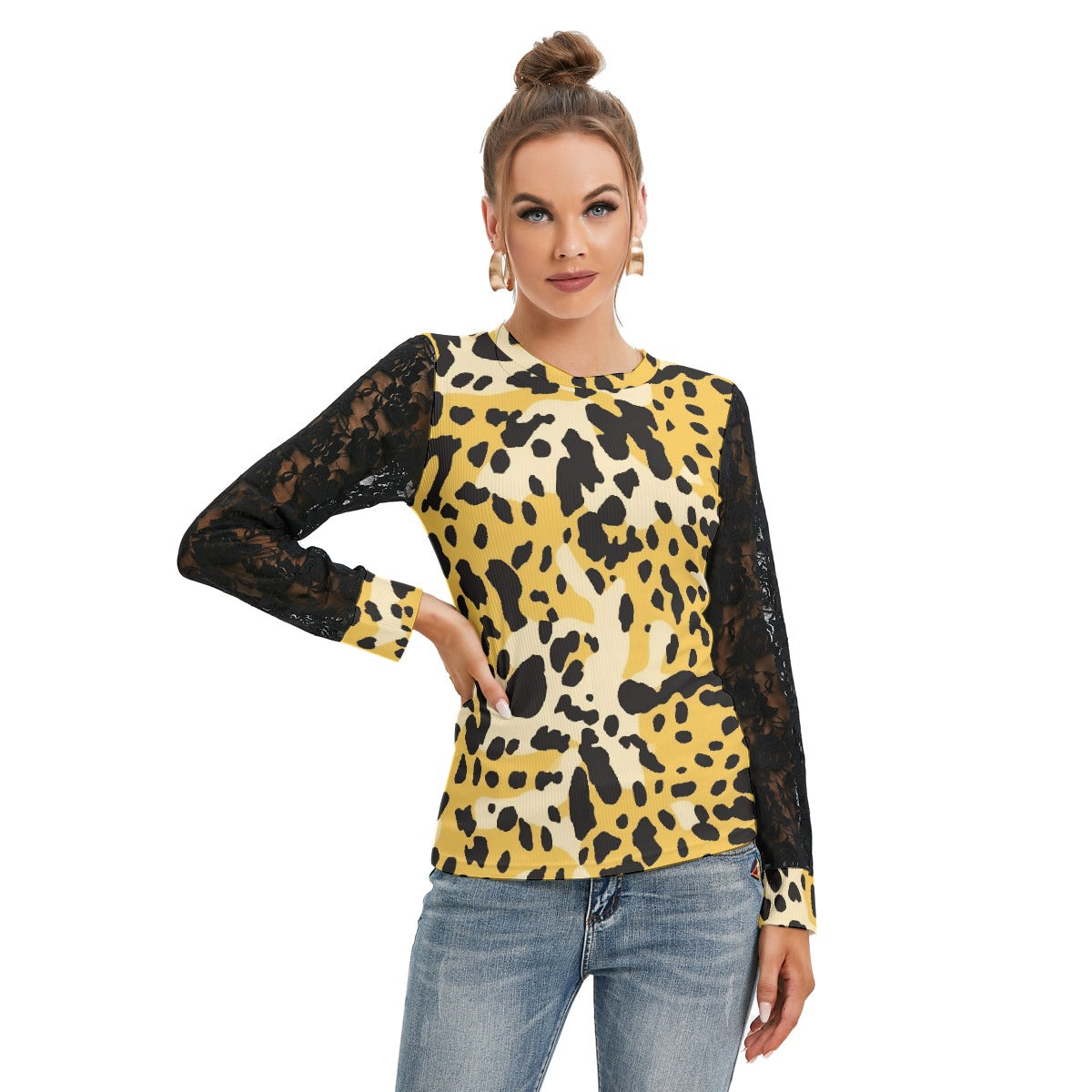 Animal Print T-shirt with Black Lace Sleeves - Kim’s Signature Beauty & Accessories    (Store description)