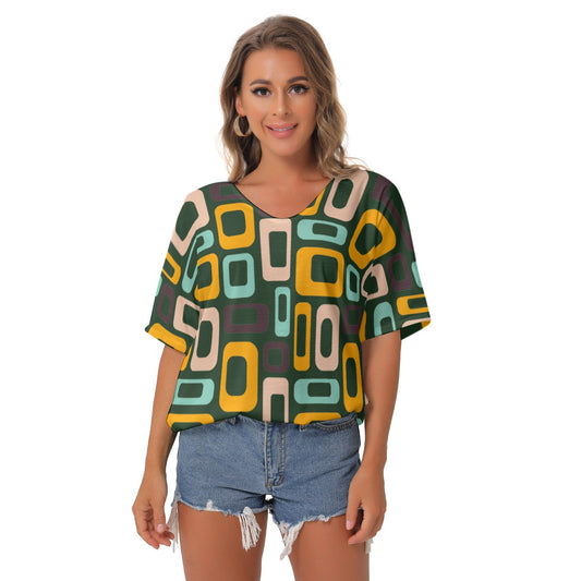 Green Retro V-Neck Blouse - Kim’s Signature Beauty & Accessories    (Store description)