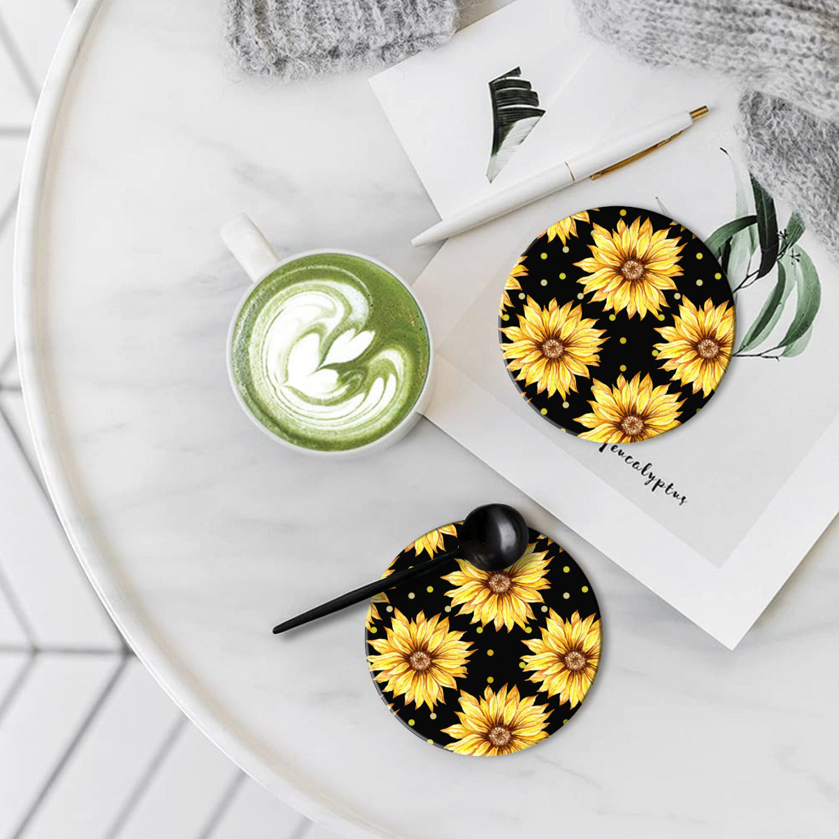 Black Coaster Set with Yellow Sunflowers - Kim’s Signature Beauty & Accessories    (Store description)