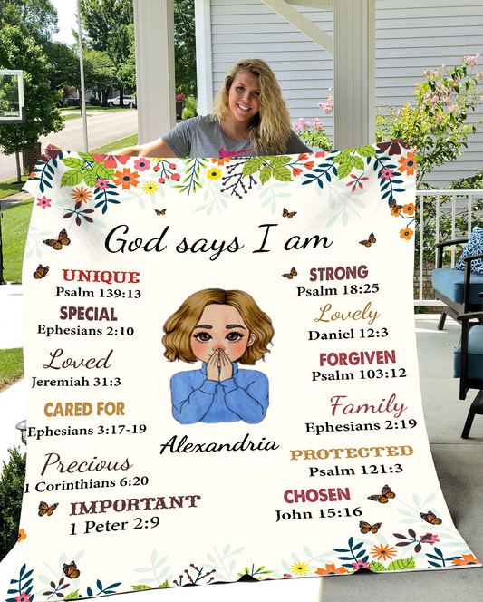 God Says I am Personalizable Fleece Blanket - Kim’s Signature Beauty & Accessories    (Store description)