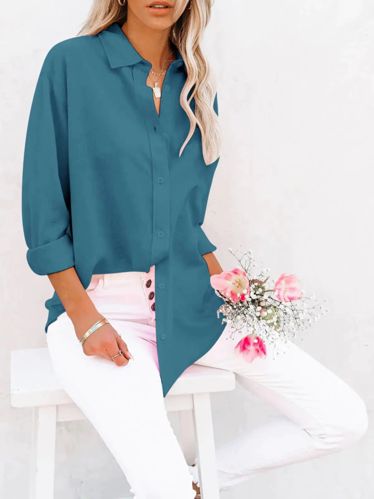 Women's Button Down V-Neck Tunic - Kim’s Signature Beauty & Accessories    (Store description)