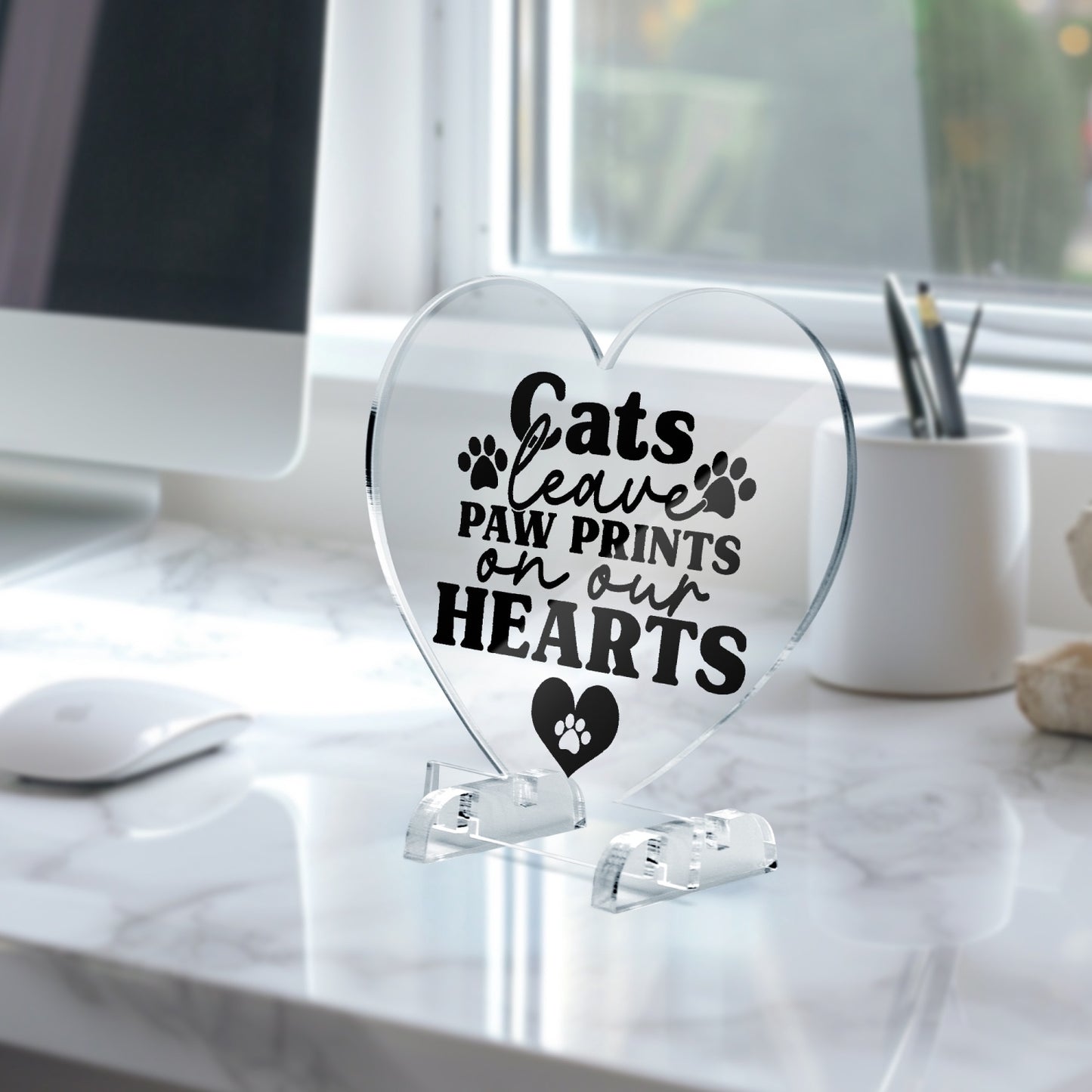 Cats Leave Paw Prints Acrylic Plaque with Stand - Heart - Kim’s Signature Beauty & Accessories    (Store description)