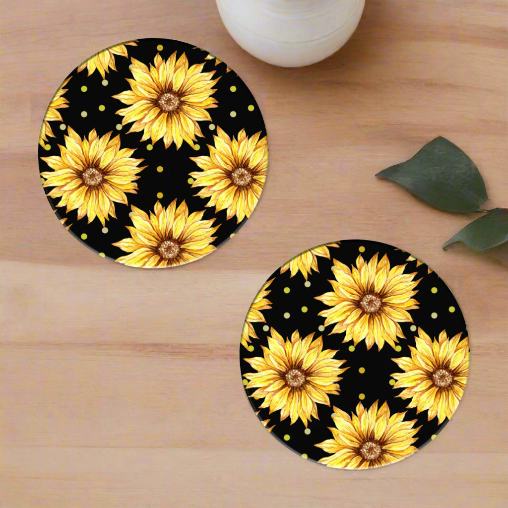 Black Coaster Set with Yellow Sunflowers - Kim’s Signature Beauty & Accessories    (Store description)