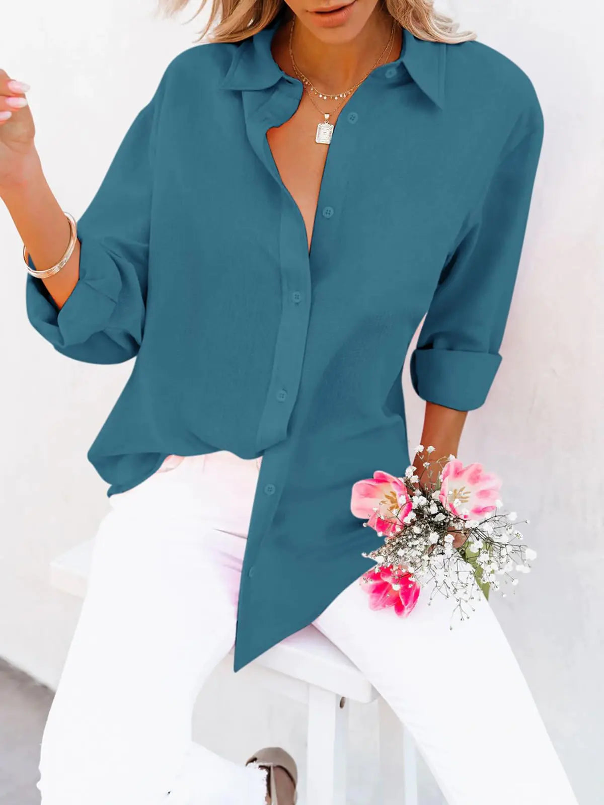 Women's Button Down V-Neck Tunic - Kim’s Signature Beauty & Accessories    (Store description)